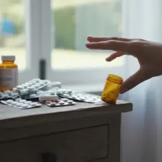 Dłoń sięga po małą buteleczkę z tabletkami, obok szklanka wody i blistry. Możliwe paroksetyna skutki uboczne.