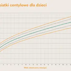 Wykres pokazuje siatki centylowe wzrostu dzieci w wieku od 1 do 24 miesięcy. Linie oznaczają centyl 3., 15., 50. i 97.